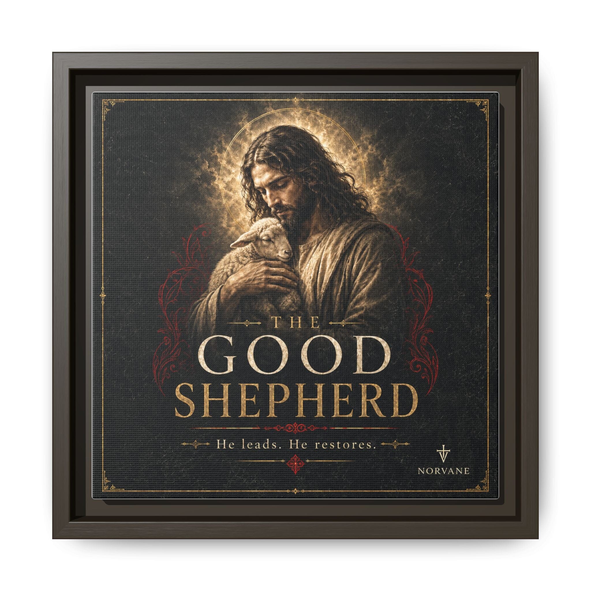 The Good Shepherd Framed Canvas Print — Religious Wall Art ("He leads, He restores") Canvas Printify 10″ x 10″ 1.25" Espresso