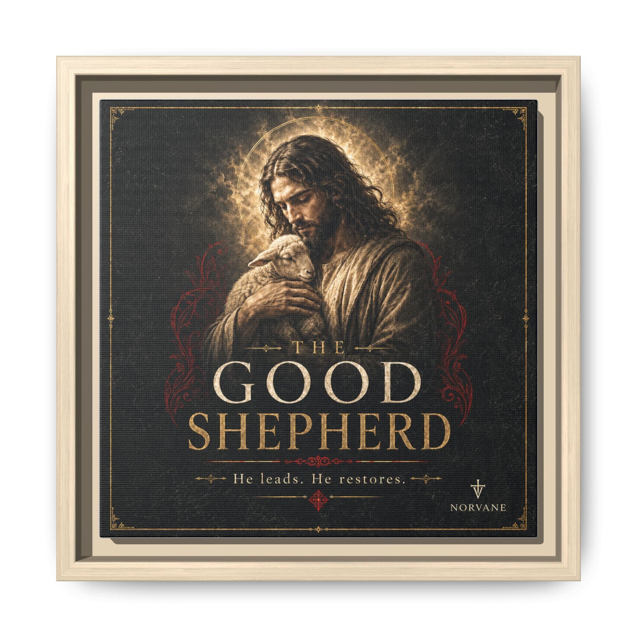 The Good Shepherd Framed Canvas Print — Religious Wall Art ("He leads, He restores") Canvas Printify 10″ x 10″ 1.25" Natural