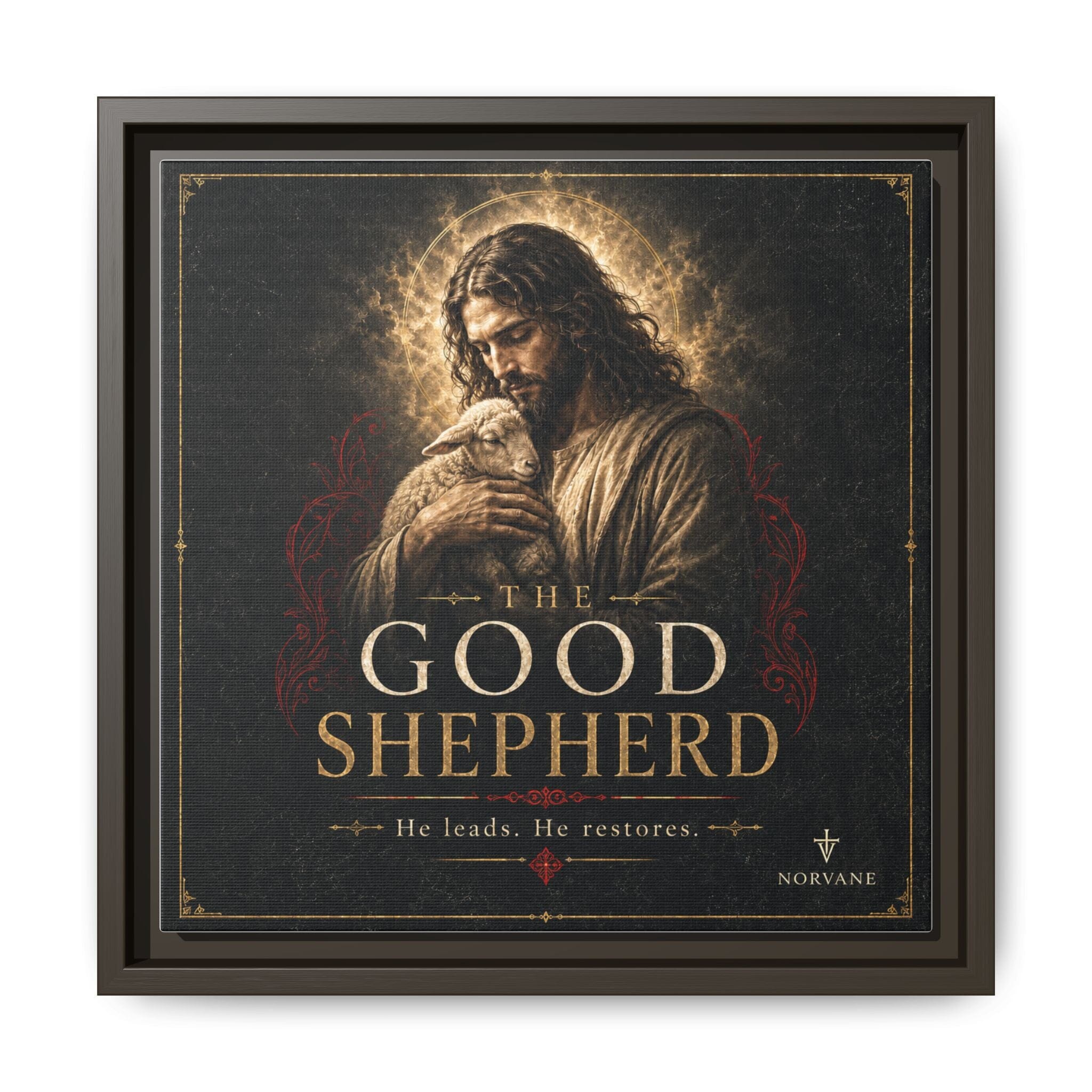 The Good Shepherd Framed Canvas Print — Religious Wall Art ("He leads, He restores") Canvas Printify 12″ x 12″ 1.25" Espresso