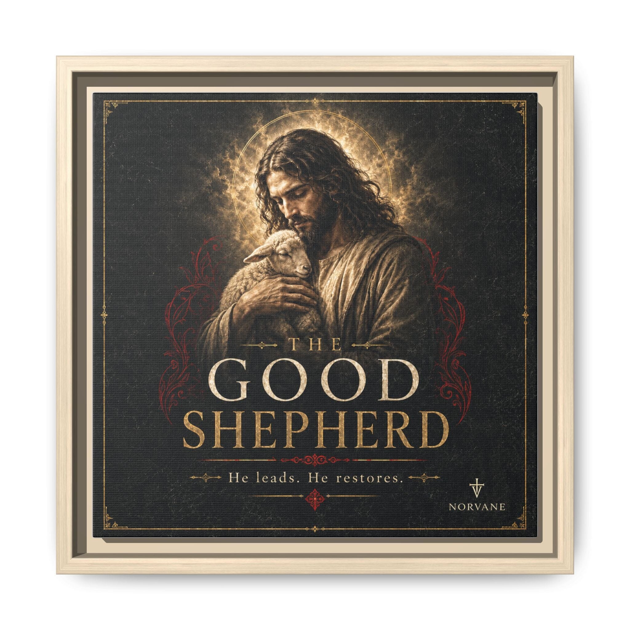 The Good Shepherd Framed Canvas Print — Religious Wall Art ("He leads, He restores") Canvas Printify 12″ x 12″ 1.25" Natural