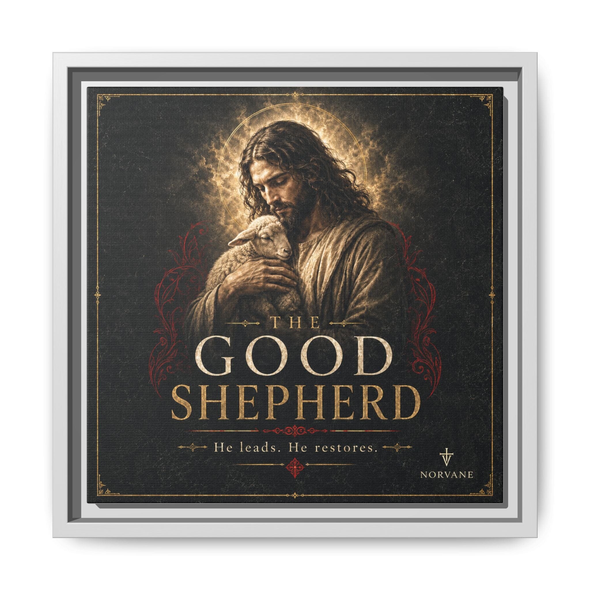 The Good Shepherd Framed Canvas Print — Religious Wall Art ("He leads, He restores") Canvas Printify 12″ x 12″ 1.25" White