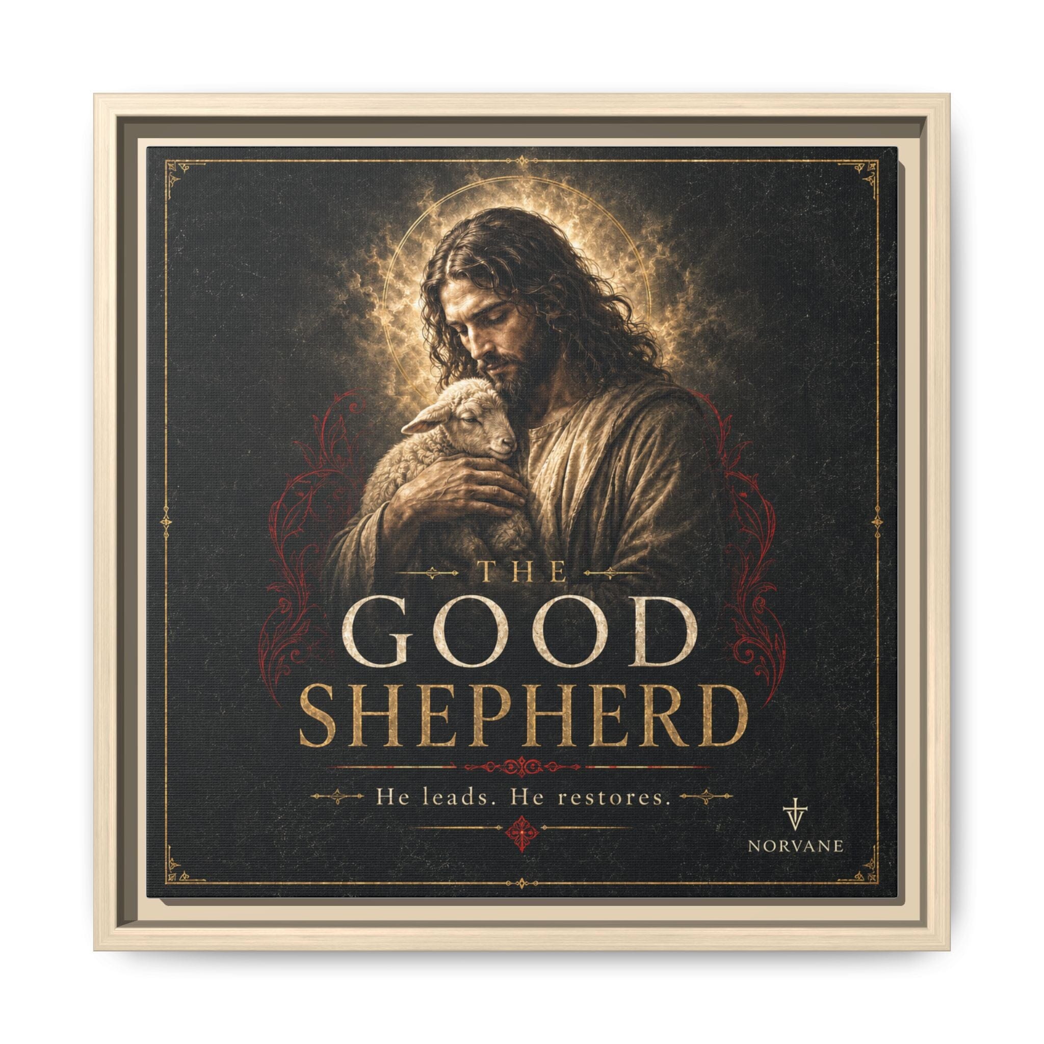 The Good Shepherd Framed Canvas Print — Religious Wall Art ("He leads, He restores") Canvas Printify 14" x 14" 1.25" Natural