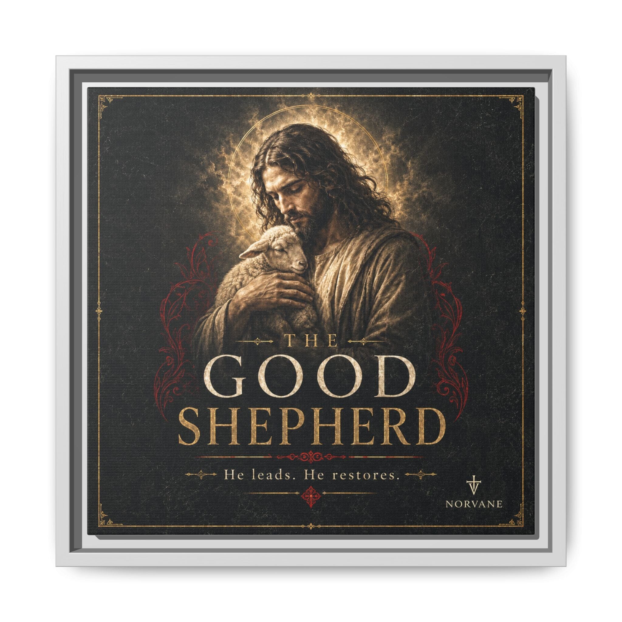 The Good Shepherd Framed Canvas Print — Religious Wall Art ("He leads, He restores") Canvas Printify 14" x 14" 1.25" White