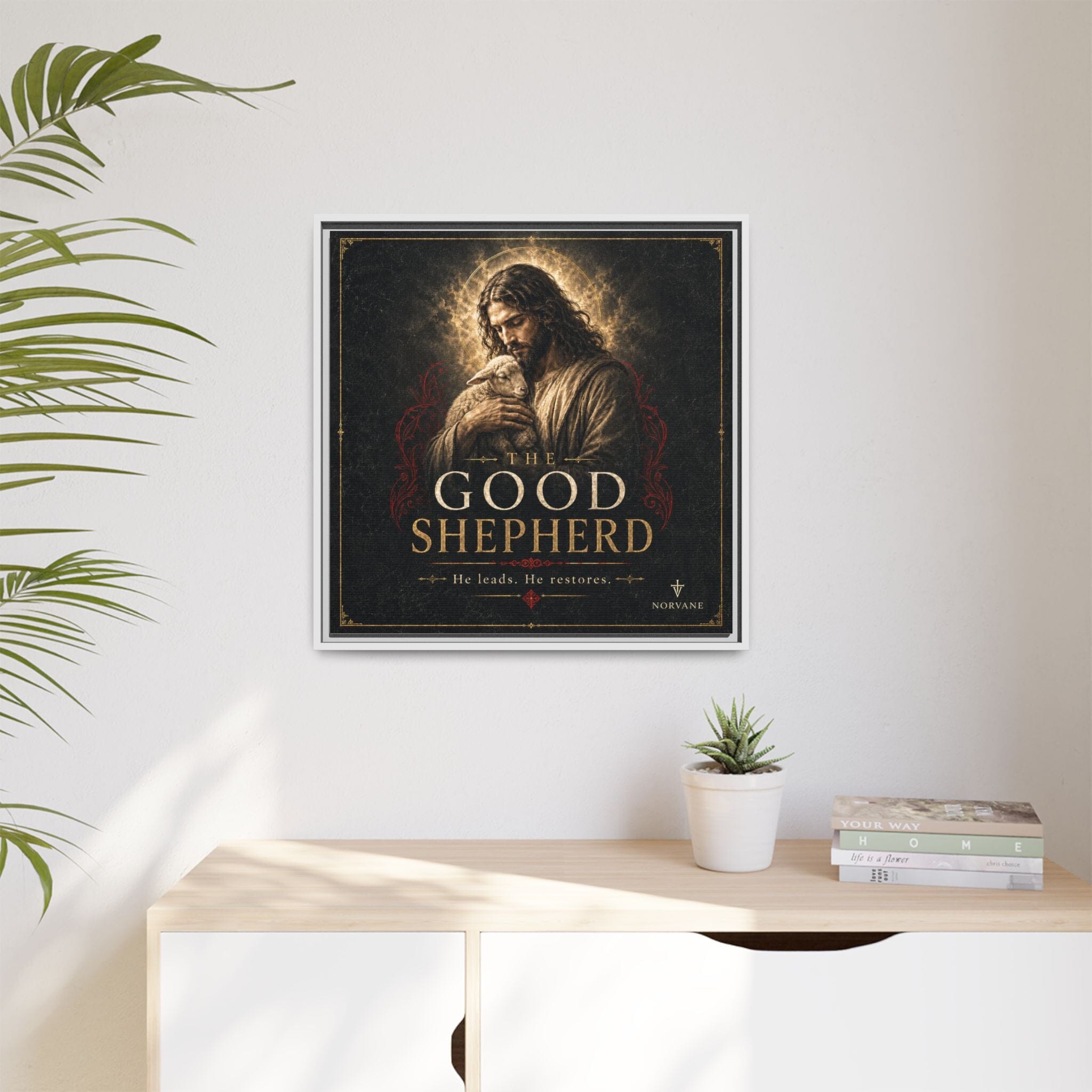 The Good Shepherd Framed Canvas Print — Religious Wall Art ("He leads, He restores") Canvas Printify 